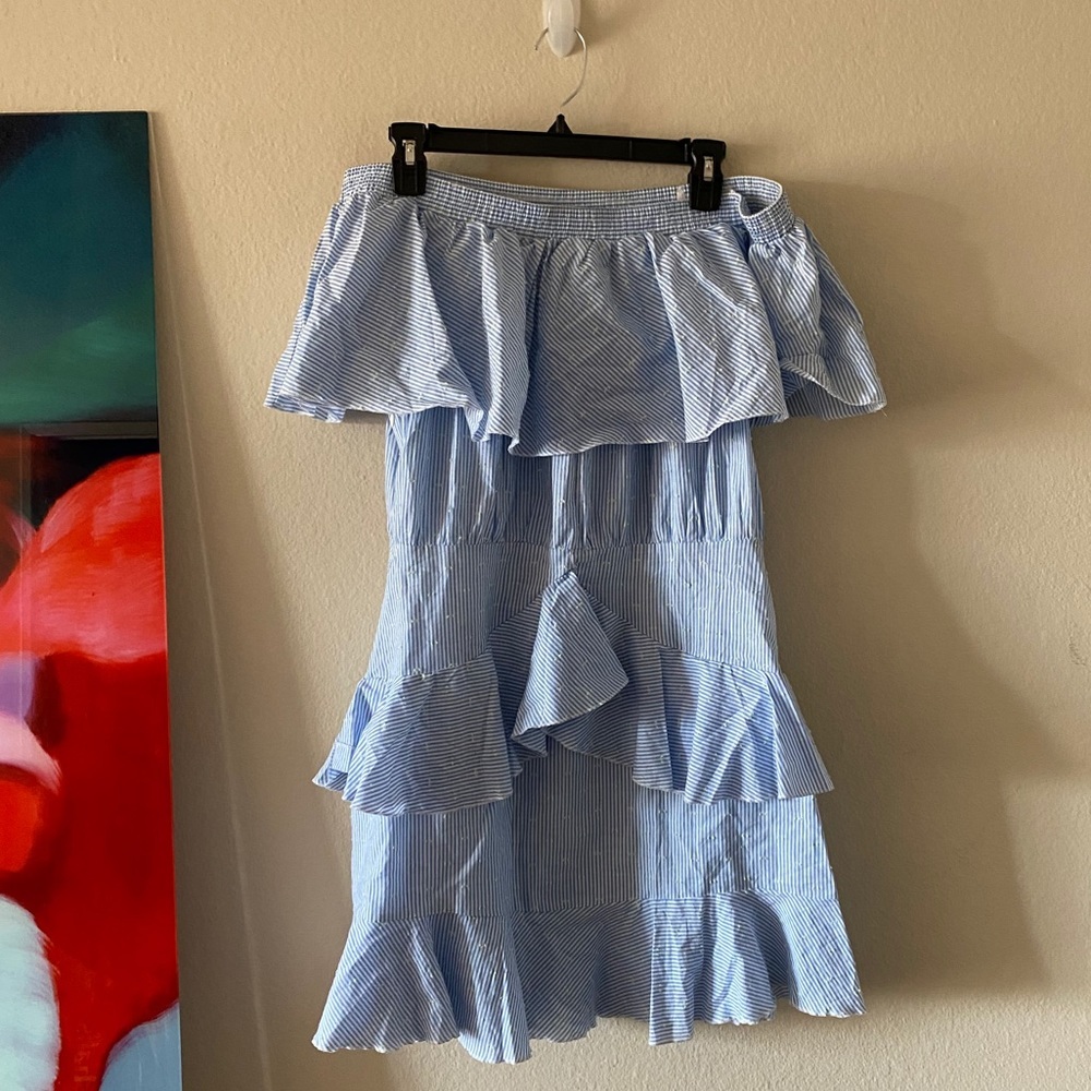 Strapless Striped Blue Ruffle Dress - Picture 3 of 3
